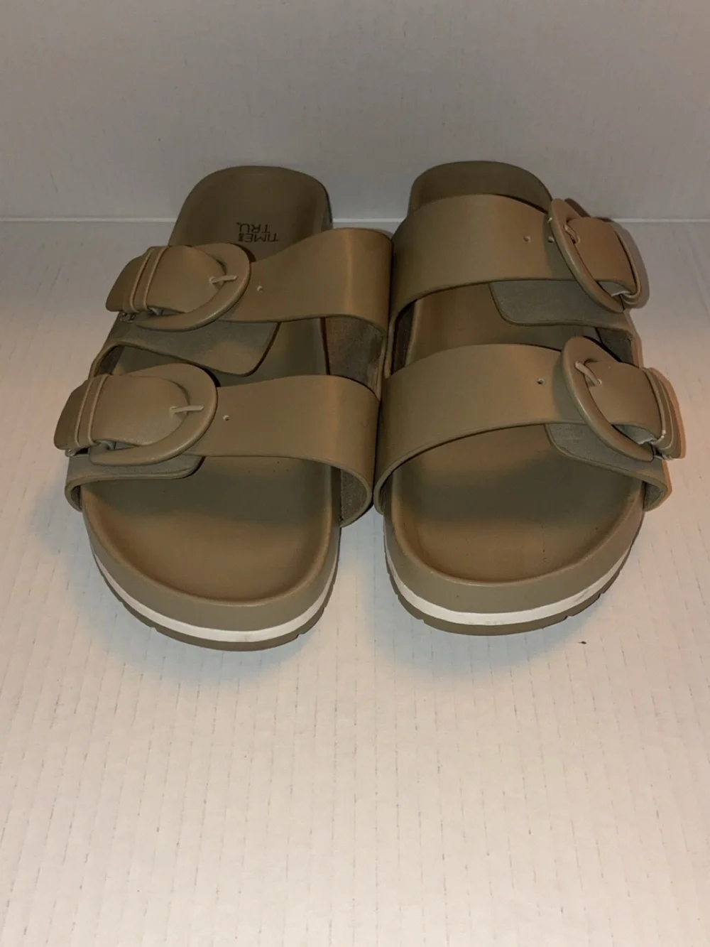 Time and Tru Taupe Double-Strap Buckle Slide Sandals